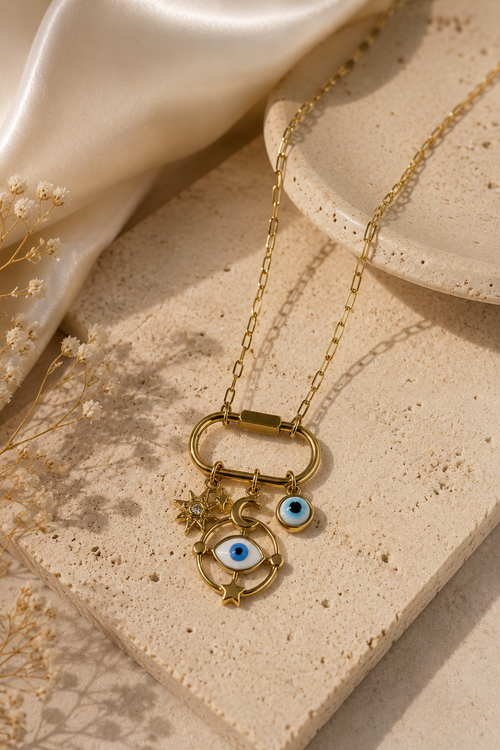 Celestial Evil Eye Charm Necklace – Stainless Steel | Waterproof & Non-Tarnish