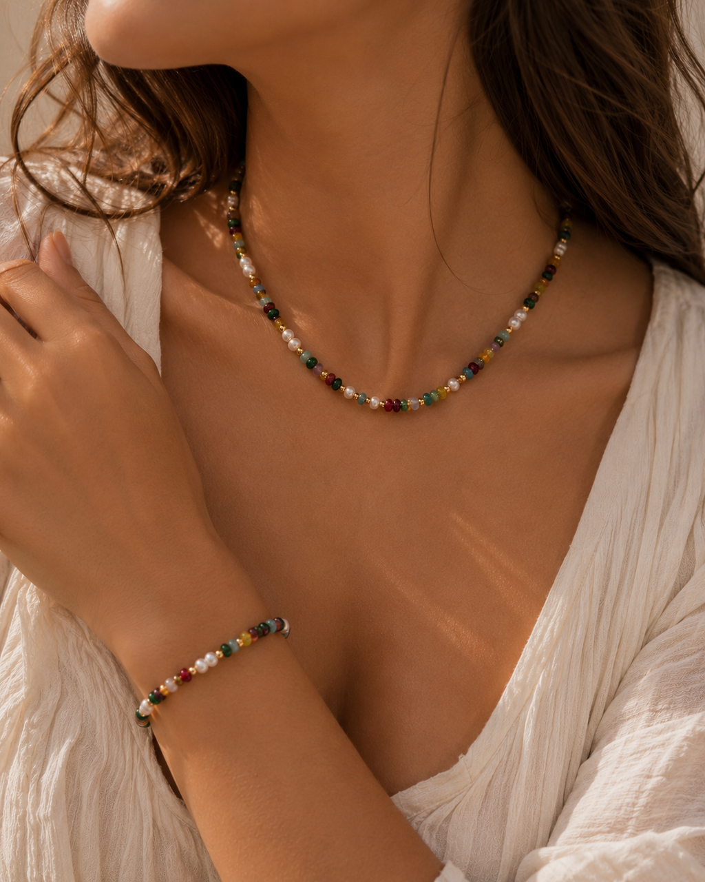 Natural Stone & Freshwater Pearl Necklace & Bracelet Set