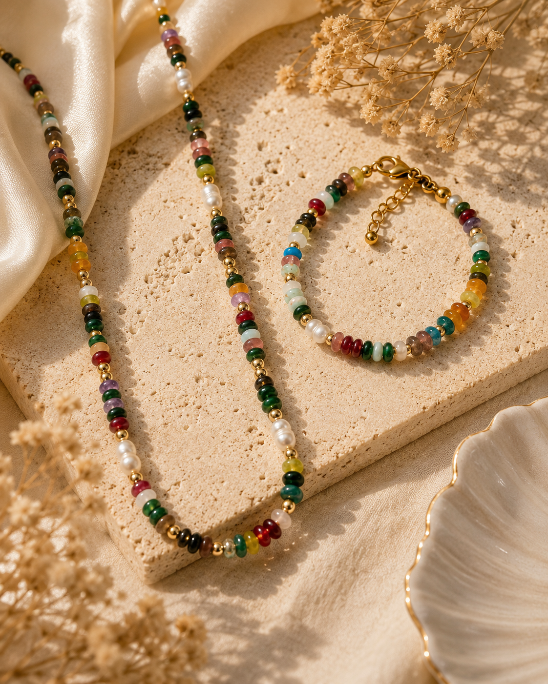 Natural Stone & Freshwater Pearl Necklace & Bracelet Set