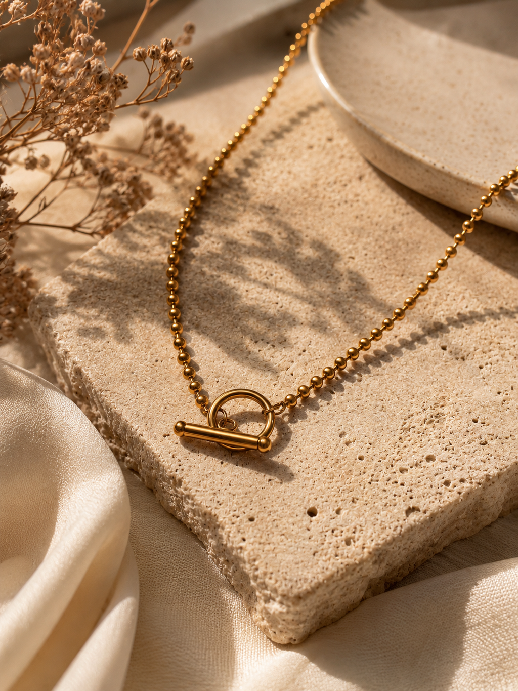 Gold Stainless Steel Toggle Necklace | Non-Tarnish Beaded Chain
