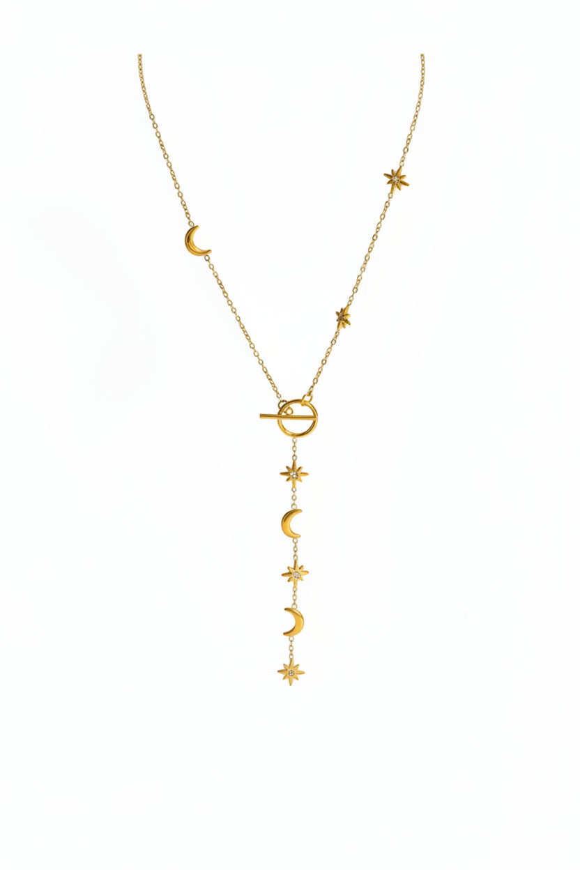 Gold Celestial Moon & Star Lariat Necklace