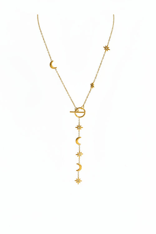 Gold Celestial Moon & Star Lariat Necklace